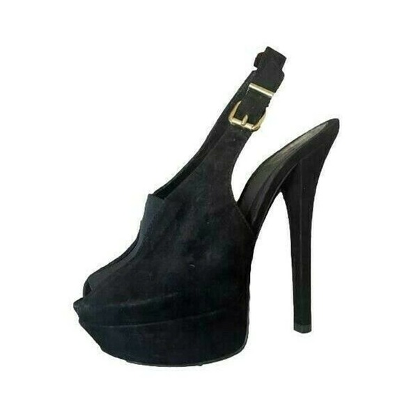 Fendi 38.5 Black Suede Heels Y2K Pumps Platform Slingback Peep Toe Shoes 8.5 - Picture 1 of 10